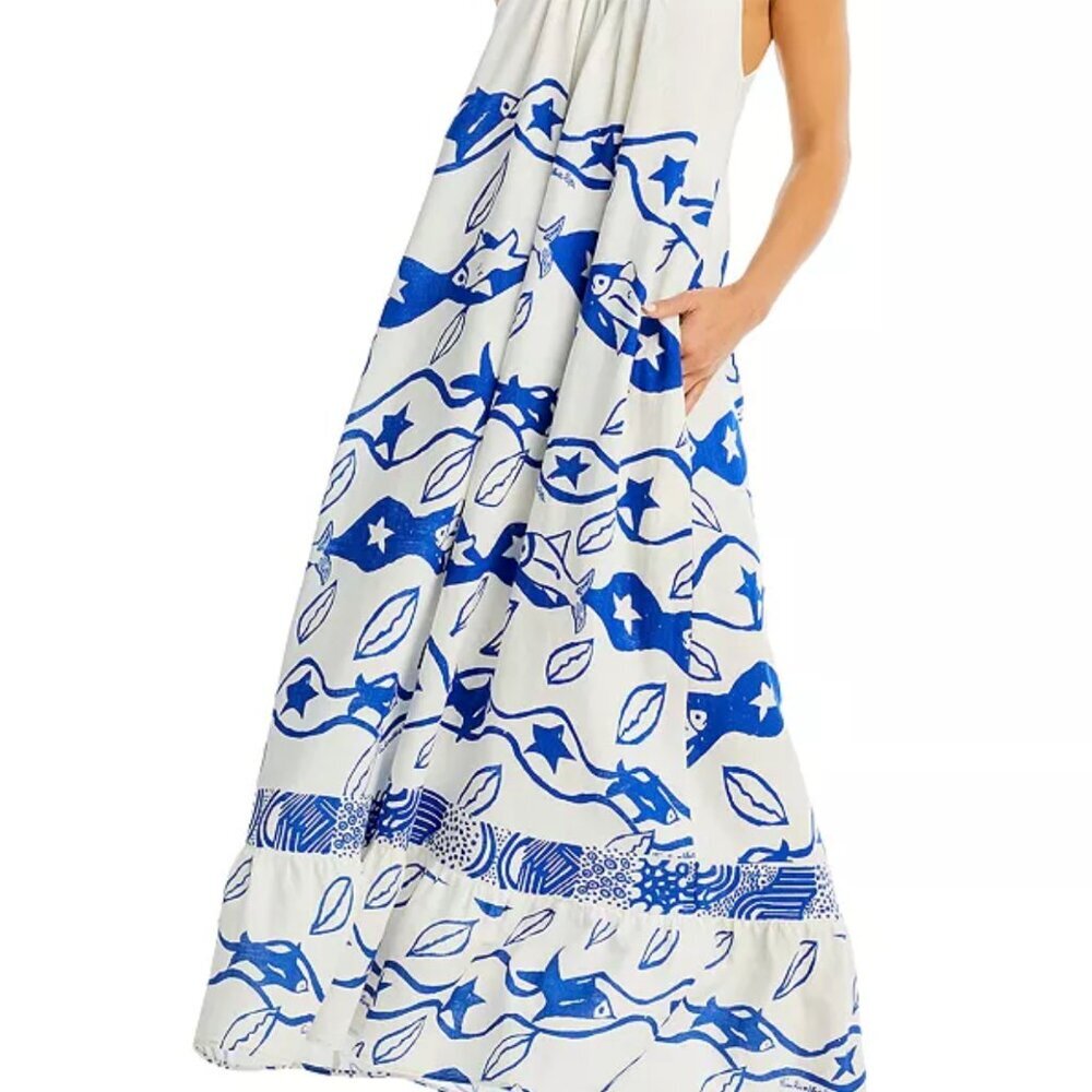 FARM Rio White Maxi Dress with Bold Blue Floral Print